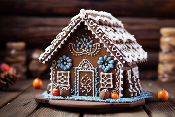decorated gingerbread house sitting on a wooden table