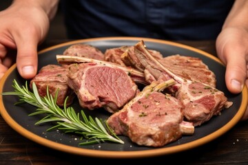 hand holding a plate of lamb cutlets seasoned with garlic and rosemary