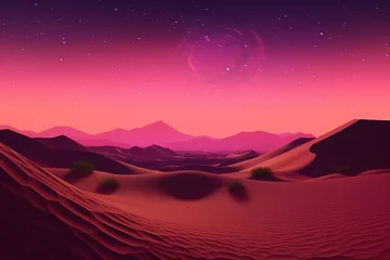 Gordijnen A surreal contemporary dusk landscape featuring desert sand dunes against a pink gradient starry sky. Generative AI © Darian