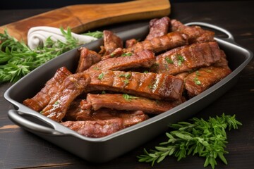 glazed pork ribs in a pan with scattered herbs