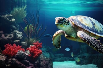 Fototapeta premium a fish and a turtle inside the same aquarium