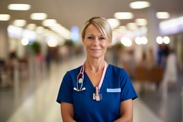 Portrait of a female nurse with stethoscope in hospital corridor