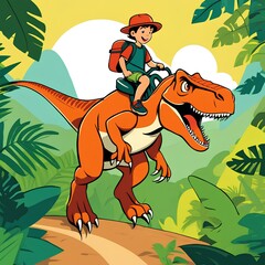 Fototapeta premium a childrens illustration, a brave young adventurer riding on the back dinosaur | illustration of a dinosaur