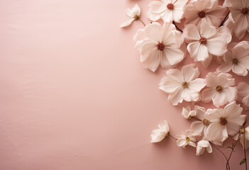 Fototapeta na wymiar White flowers on pink background. Floral pattern. Top view.