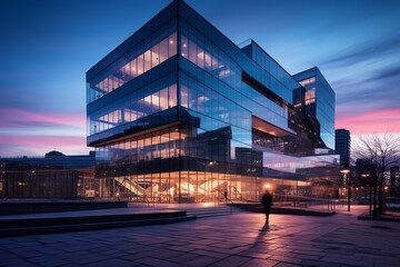 An ultra-modern office building captured during twilight hours. Its sleek architectural design gleams against the fading city sky, exemplifying the fusion of innovation and urban evolution.