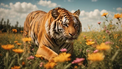 Zelfklevend Fotobehang Image of a tiger amidst spring flowers, wildlife © hassani