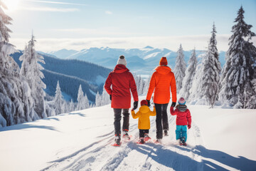 Happy family walking in winter mountains. Mother, father and two children
