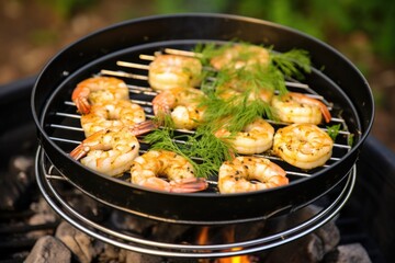 shrimp in a grill basket, nestled over charcoal