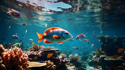 Obraz premium Colourful fishes are swimming in underwater coral