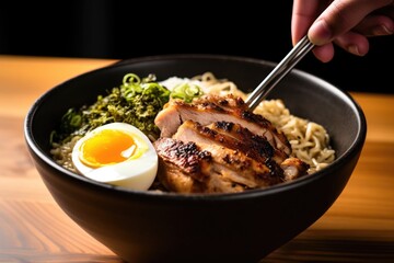 hand grilled chicken over a bowl of ramen