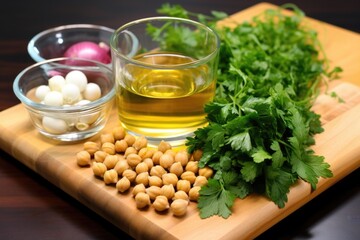 ingredients display: soaked chickpeas, parsley, onion, and garlic