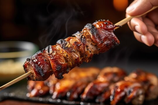 grilled duck being skewered by a fork held in a hand