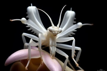 Macro shot of white orchid mantis on spiral tendril in Indonesia. Generative AI - obrazy, fototapety, plakaty