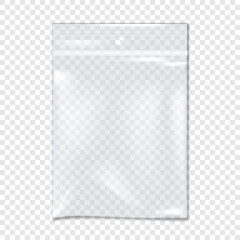 Clear vinyl zipper pouch with hanging hole realistic vector mockup. Transparent reclosable plastic bag with zip lock mock-up. PVC ziplock package template
