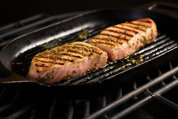 grilled tuna steak on a non-stick frying pan