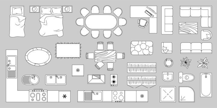 Furniture outline top view. Set of isolated linear icons for interior. Vector Illustration. Furniture and elements for apartments, living room, bedroom, kitchen, bathroom. Floor plan. Furniture store