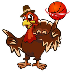 The cartoon character mascot of a turkey spins a basketball on his finger