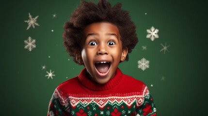 Enfant garçon, Émerveillé à Noël sur Fond Uni Coloré