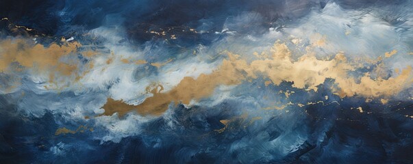 Banner with fluid art texture. Backdrop with abstract mixing paint effect. Liquid acrylic artwork that flows and splashes. Mixed paints for interior poster. Blue, gold and white colors