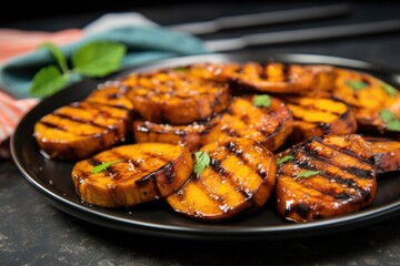 glazed mango bbq grilled plantains on stoneware