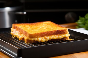 grilled cheese sandwich being pressed by a brick