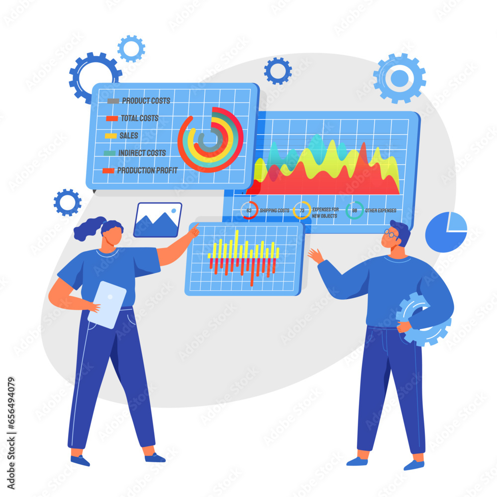 Poster analysts work with diagram. group of eople study statistics, business planning, strategy, developmen