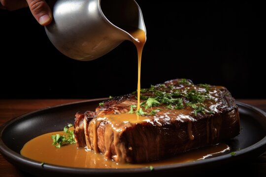 hand pouring gravy on a freshly grilled t-bone steak