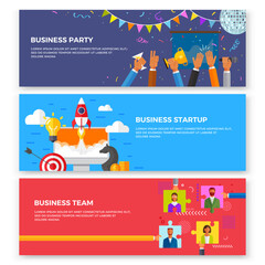 Startup, starting new project, business team, office party successful happy people celebrating holidays. Colleagues research, analyze, develop, create new ideas together. Landing page template set