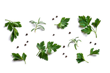 Herbs and spice, parsley, rosemary and peppercorn