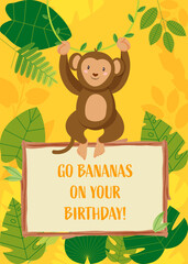 Obraz na płótnie Canvas Birthday card with Wood frame and safari background.Editable vector illustration for birthday invitation,postcard and sticker