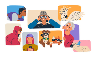 Spying, observing and sneaking. Vector illustration. Making observation, craft of noting unnoticed Characters peeping, silent figures cloaked in curiosity Looking out, quiet gesture of vigilance