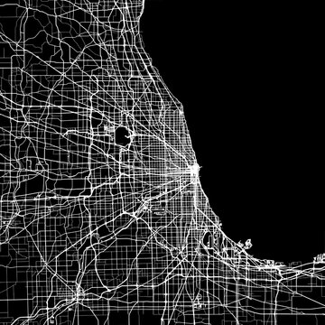 1:1 square aspect ratio vector road map of the city of  Chicago Metro Illinois in the United States of America with white roads on a black background.
