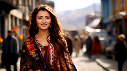 An adult woman from Armenia in traditional national clothes against the backdrop of a city street. Selective focus.
