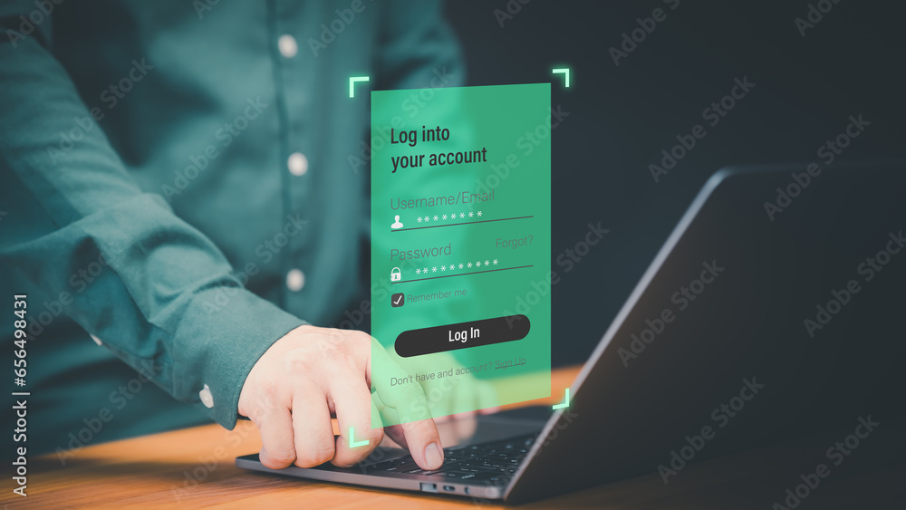 Poster User type username and password for the computer laptop. Cyber security concept to protect personal data. Secure encryption and access to the user's private information to access the internet.