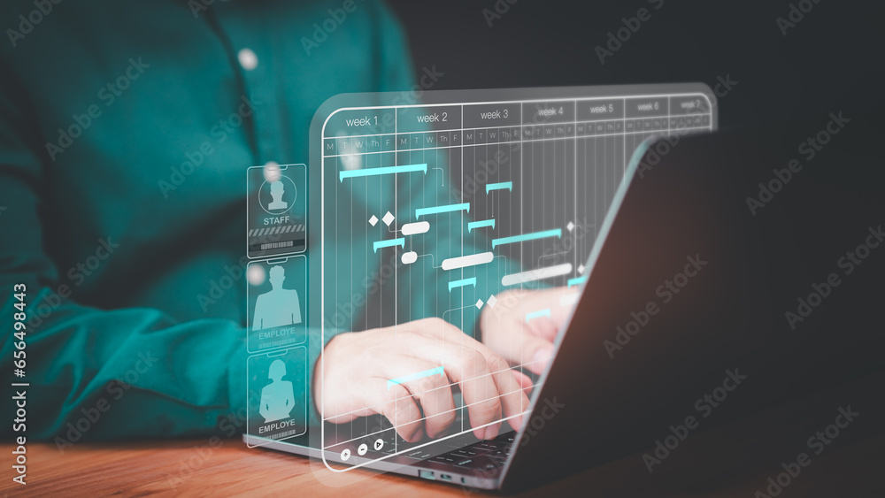 Fototapete Man working with technology computer in business analytic and data management system to make report with KPI and metric connect to database. Corporate strategy for operations, planning, marketing, HR.