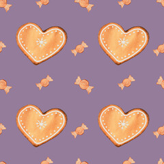 Watercolor Gingerbread Cookies Seamless Pattern. Cute pattern of gingerbread will look great on textiles, print materials for bakeries, Christmas cards, wallpapers. Color background, hand drawn.