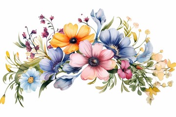 A watercolor floral arrangement of wildflowers and wreaths on a transparent background, perfect for spring. Generative AI - obrazy, fototapety, plakaty