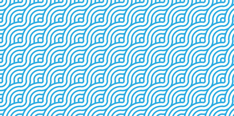 	
Seamless geometric ocean spiral pattern and abstract circle wave lines. blue seamless tile stripe geomatics overlapping create retro square line backdrop pattern background. Overlapping Pattern.