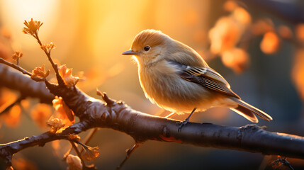 Bird Perched on Tree Branch in Golden Light
