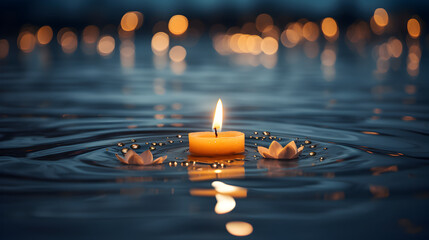 Burning Candle Floating on Water