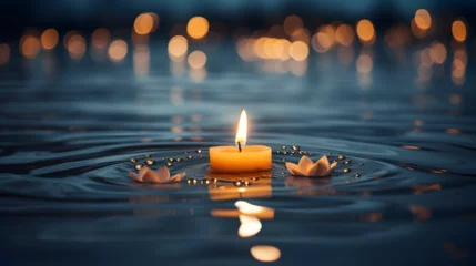Foto op Canvas Burning Candle Floating on Water © Custom Media