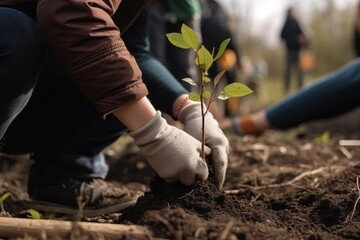  Junge Menschen im Ökotourismus helfen freiwillig bei der Aufforstung. Freiwilligenarbeit beim Bäume pflanzen. Keimling in die Erde setzen. Konzept Renaturierung: Welt retten für eine grüne Erde. - obrazy, fototapety, plakaty