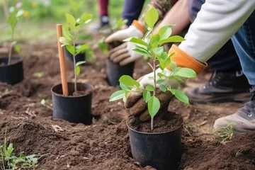 Foto auf Alu-Dibond  Junge Menschen im Ökotourismus helfen freiwillig bei der Aufforstung. Freiwilligenarbeit beim Bäume pflanzen. Keimling in die Erde setzen. Konzept Renaturierung: Welt retten für eine grüne Erde. © Marco