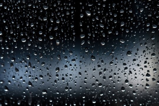 Regentropfen auf der Fensterscheibe. Nasses Fenster bei Regen. Unwetter beobachten von drinnen. Hintergrundbild zum Thema Regen und Sturm.
