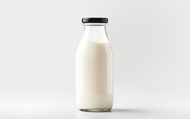 A bottle of milk on a white background with copy space. Glass product container mockup. Organic and healthy food concept. - obrazy, fototapety, plakaty
