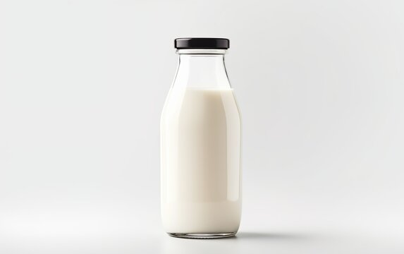 A bottle of milk on a white background with copy space. Glass product container mockup. Organic and healthy food concept.