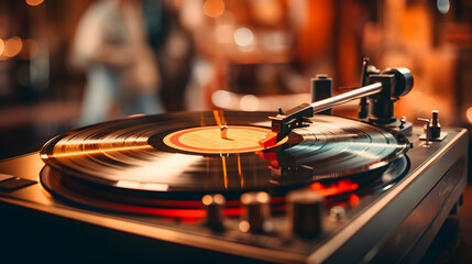 Close-Up of Spinning Vinyl Record on Vintage Turntable