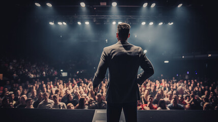 Young famous coach businessman at a speech with microphone in front of a large audience in the...