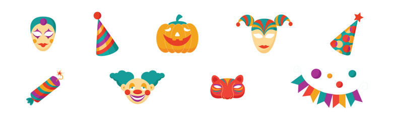Happy Clown Carnival and Masquerade Object Vector Set