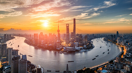 Shanghai city skyline and beautiful natural landscape in the early morning